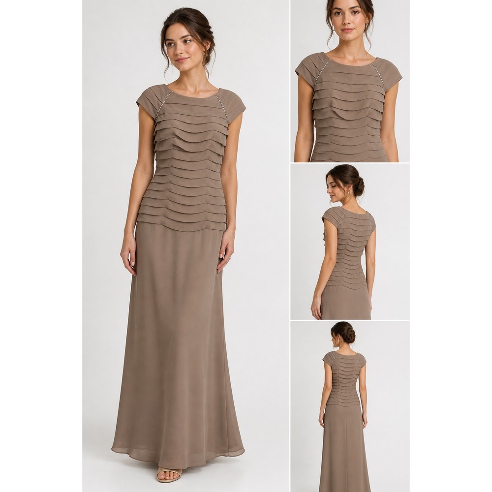 Hebeos Women's Formal Dress Evening Gown Rhinestone Detail Taupe Medium
